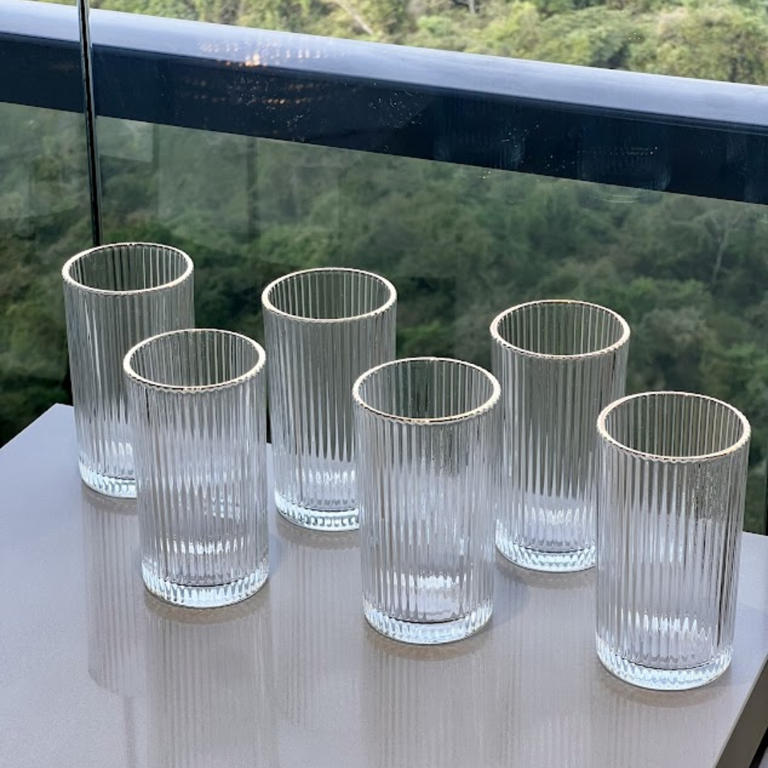 Jogo 6 Copos Altos Long Drink com Borda Dourada Graffiato 420ml
