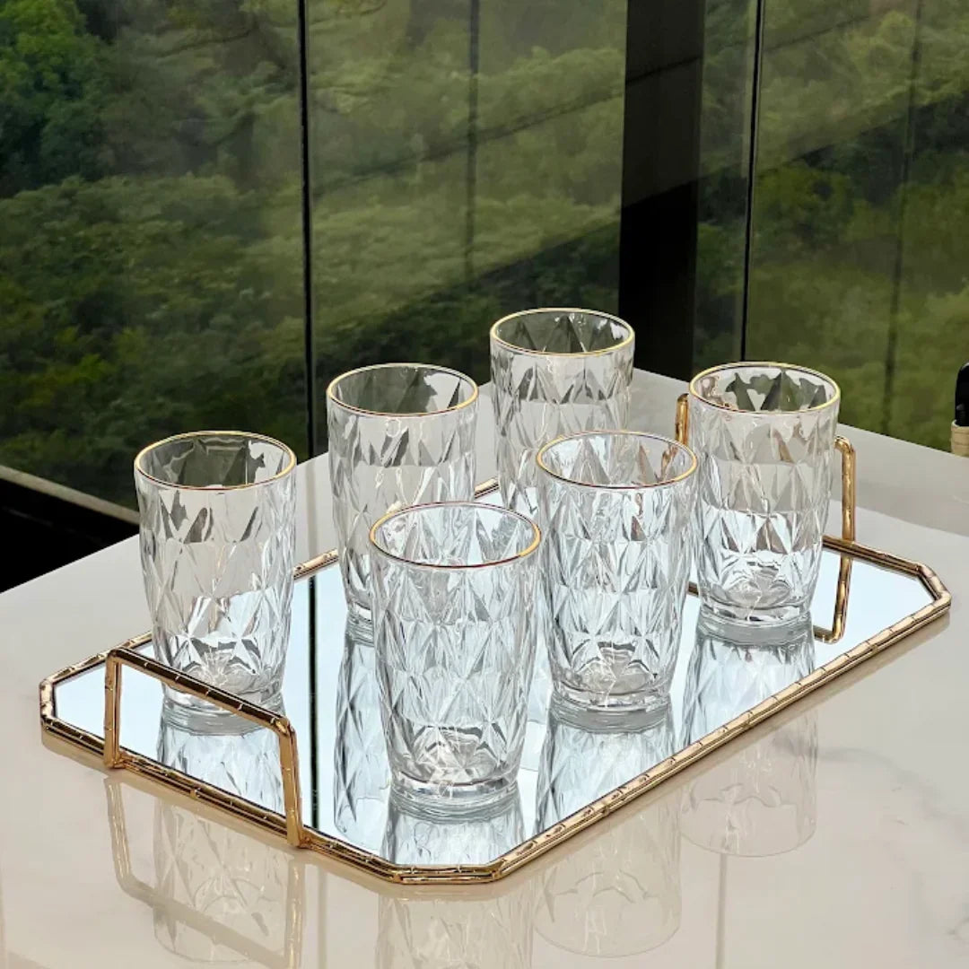 Jogo 6 Copos Altos de Vidro Diamond Fio de Ouro 390ml