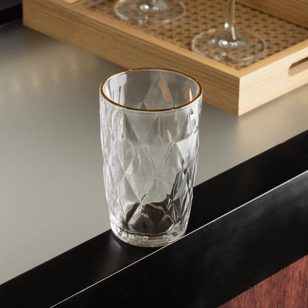 Jogo 6 Copos Altos de Vidro Diamond Fio de Ouro 390ml