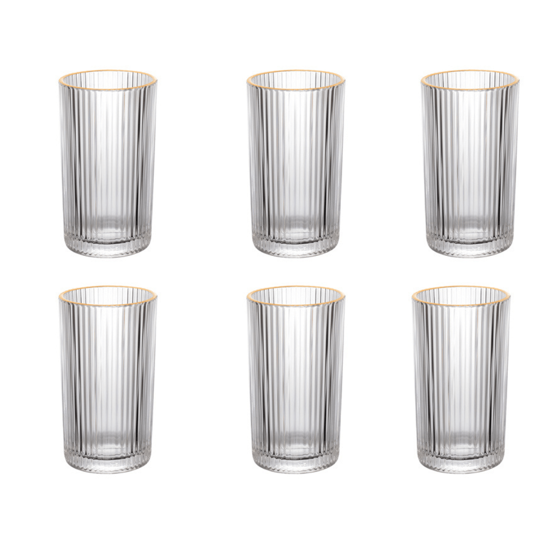 Jogo 6 Copos Altos Long Drink com Borda Dourada Graffiato 420ml